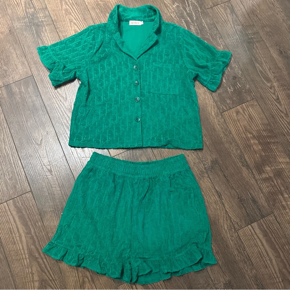 Ivy City Co Emerald Green Textured Pajama Set Size‎ M
